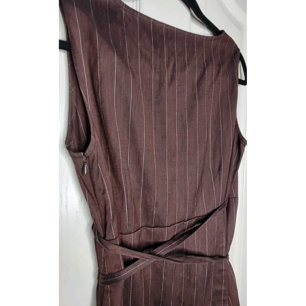 Charivarie L Brown Striped Wrap Dress Sleeveless Belted Midi V-Neck Woven - Picture 6 of 9
